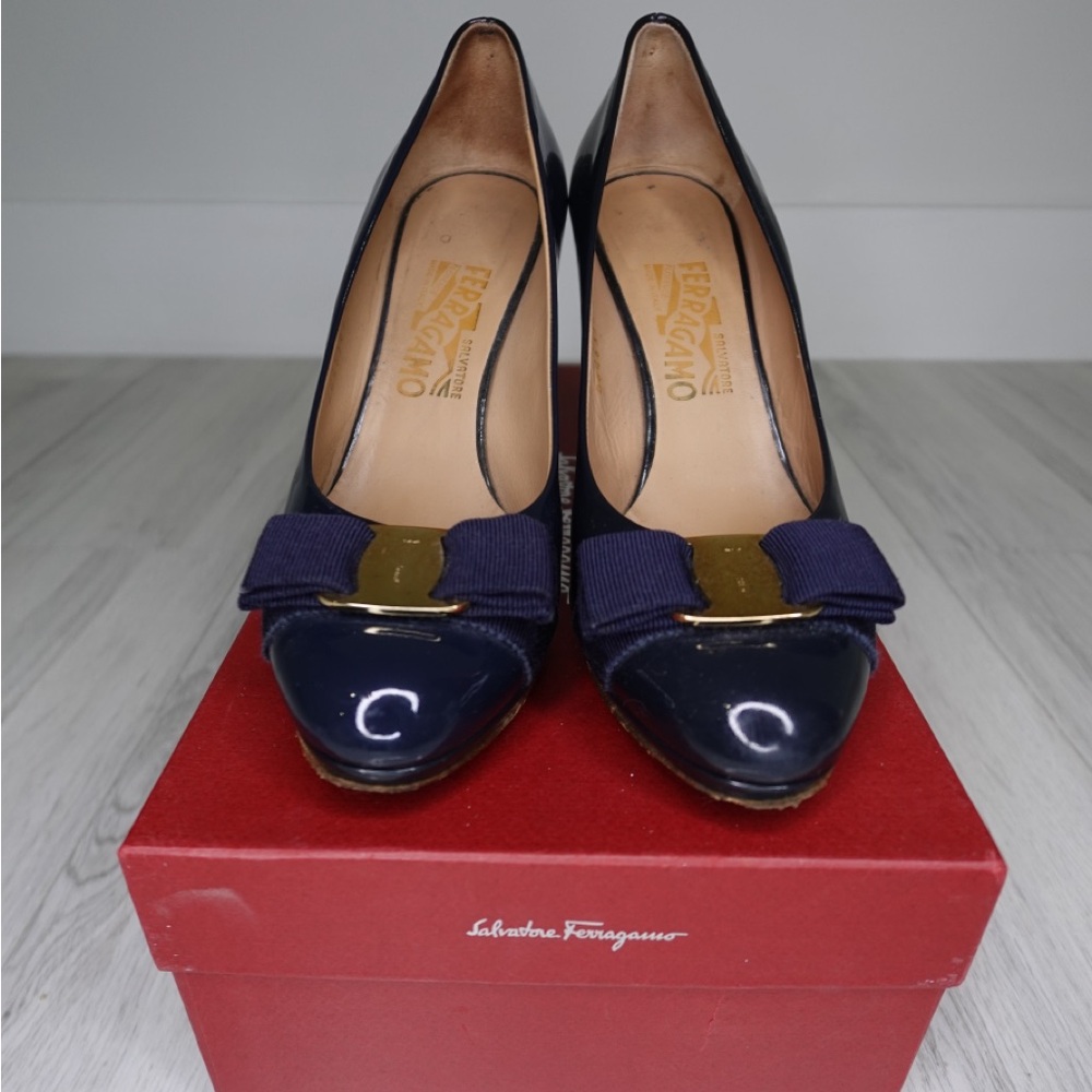 Salvatore Ferragamo Black Patent Leather Heels with Gold Accent